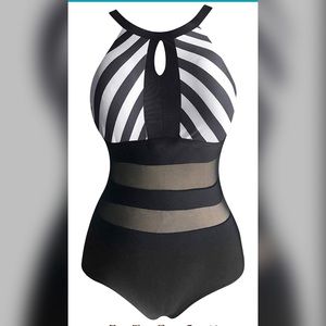 One Piece Swimsuit High Neck Plunge Mesh Swimwear